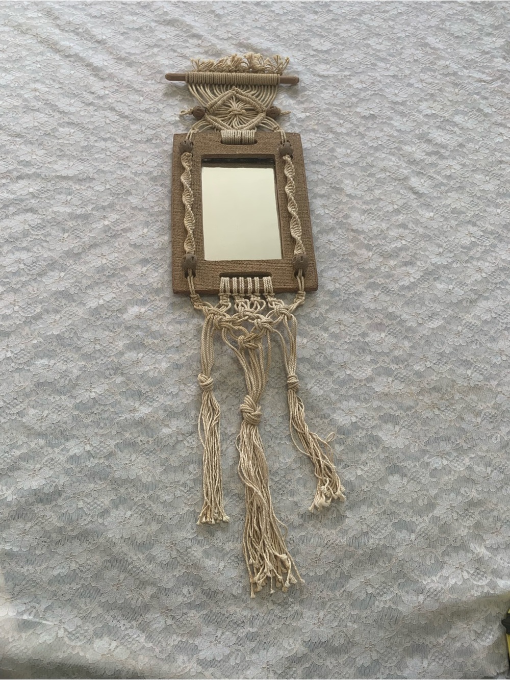 Vintage Boho Macrame Mirror Wall Hanging Textured Craft Frame & Tassels Decor